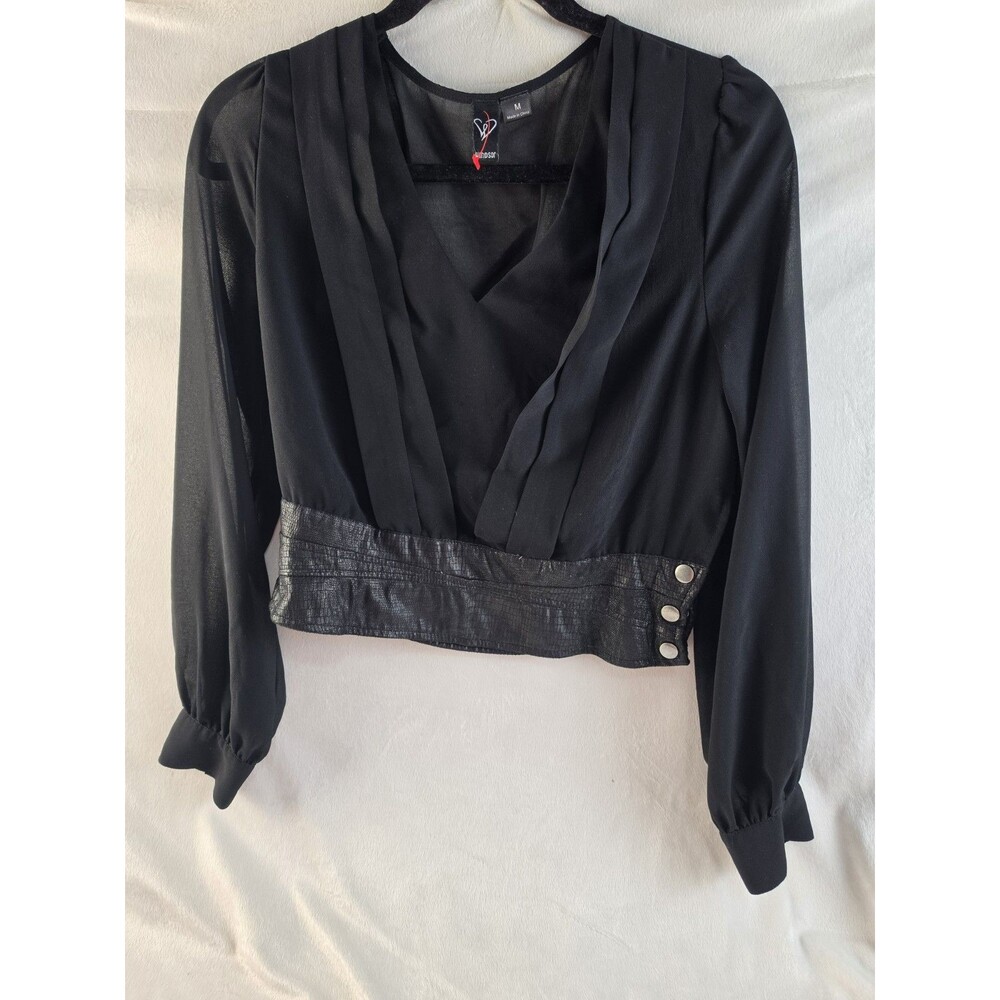 Black Chiffon Long Sleeve Surplice Blouse with Crocodile/Faux-Leather...